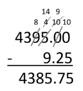 An image shows the solution to 4395 – 9.25 using the standard algorithm.