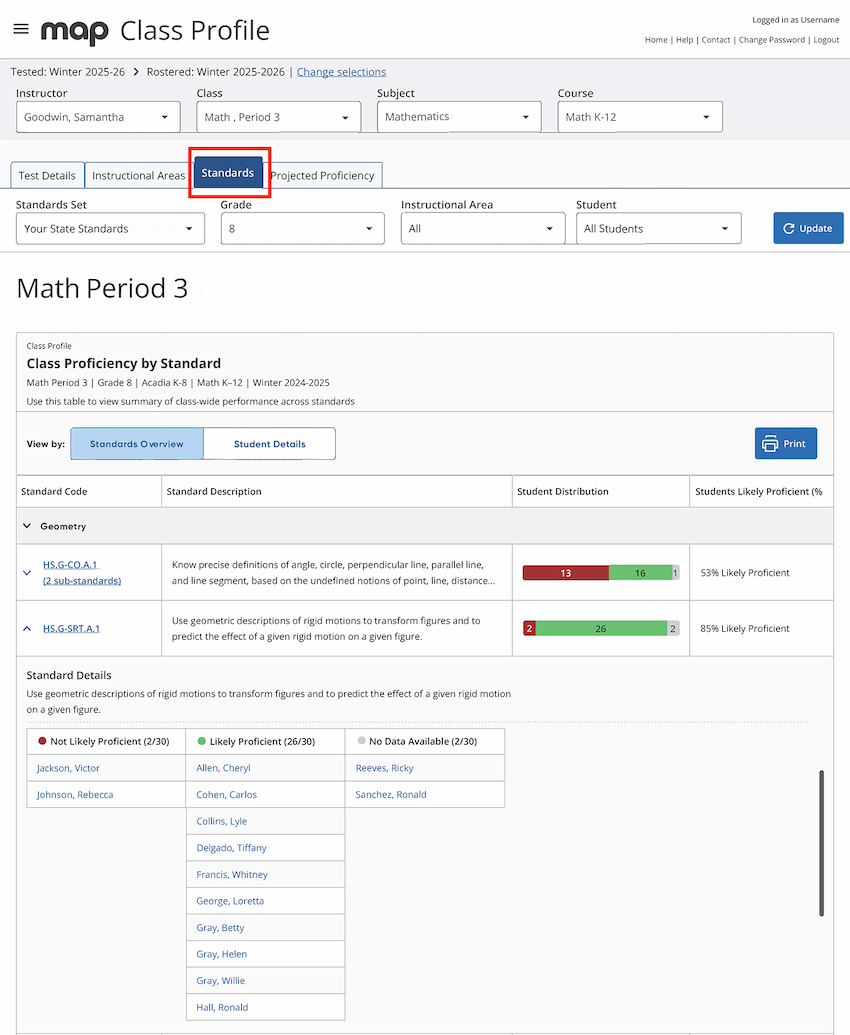 A sample from the MAP Growth Class Profile report shows the new standards tab and how it allows teachers to see class-wide performance across standards.