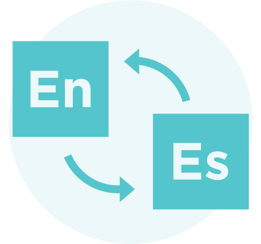 Circular arrows pointing to English and Spanish.