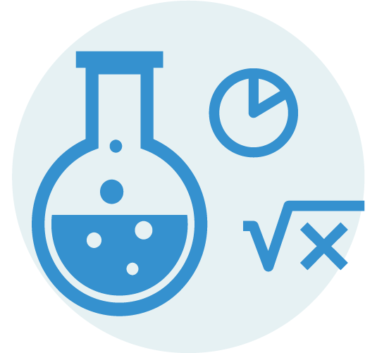 Graphic with liquid in glass beaker, a square root symbol, and a timer.