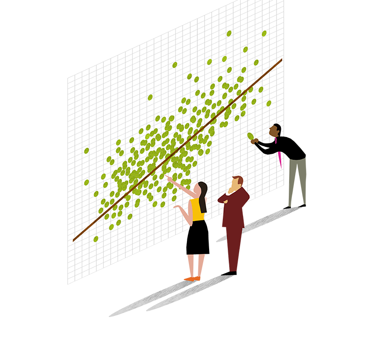 Illustration of adults standing at dot chart.