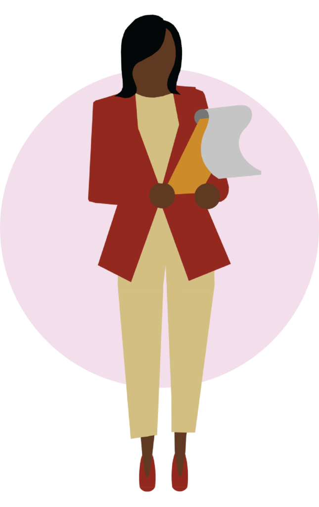 Woman holding clipboard.